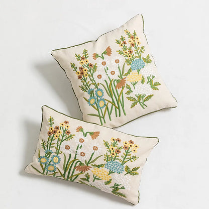 Daisy Floral Yellow Blue Embroidery Pillow Cushion Cover - Brasss Living