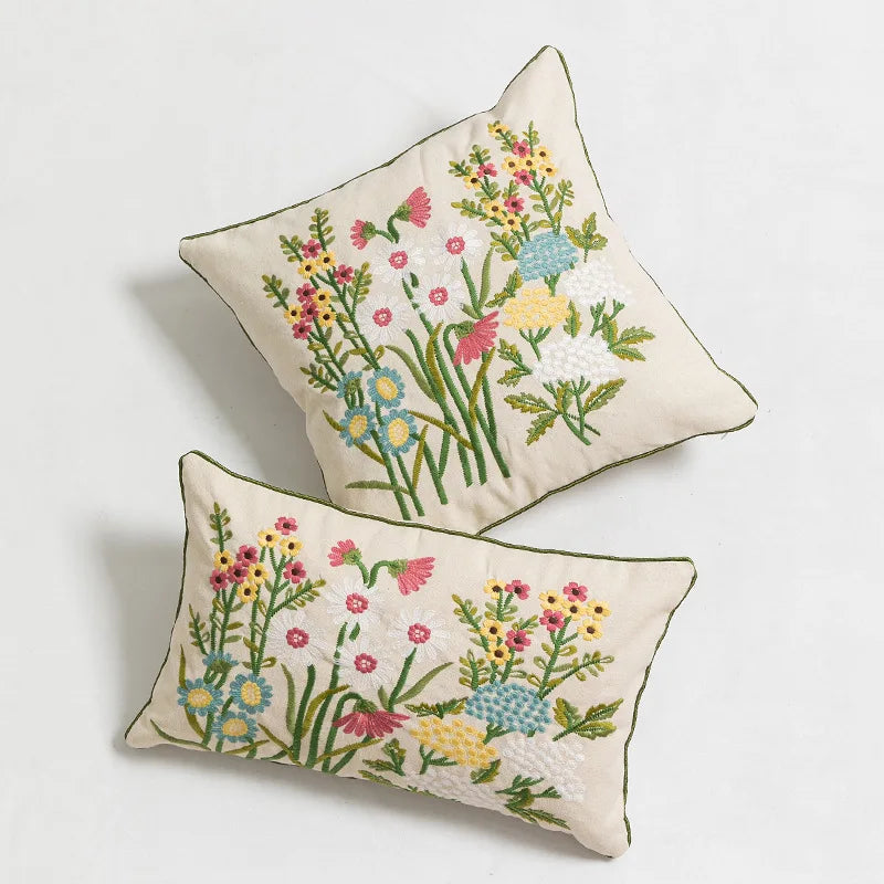 Daisy Floral Yellow Blue Embroidery Pillow Cushion Cover - Brasss Living