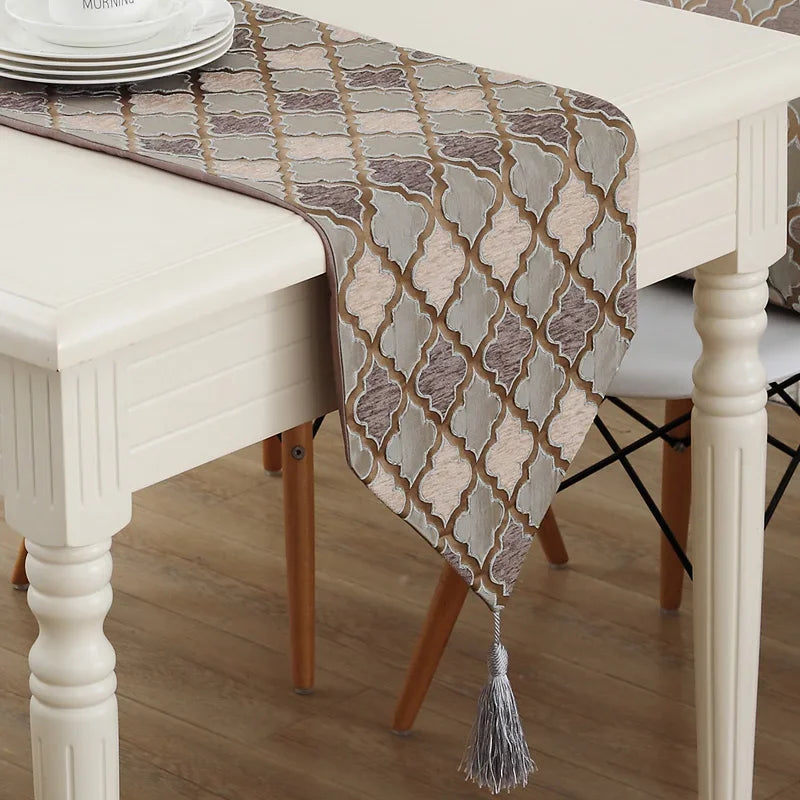 European Style Vintage Coffee Grey Table Runner Tassel - Brasss Living