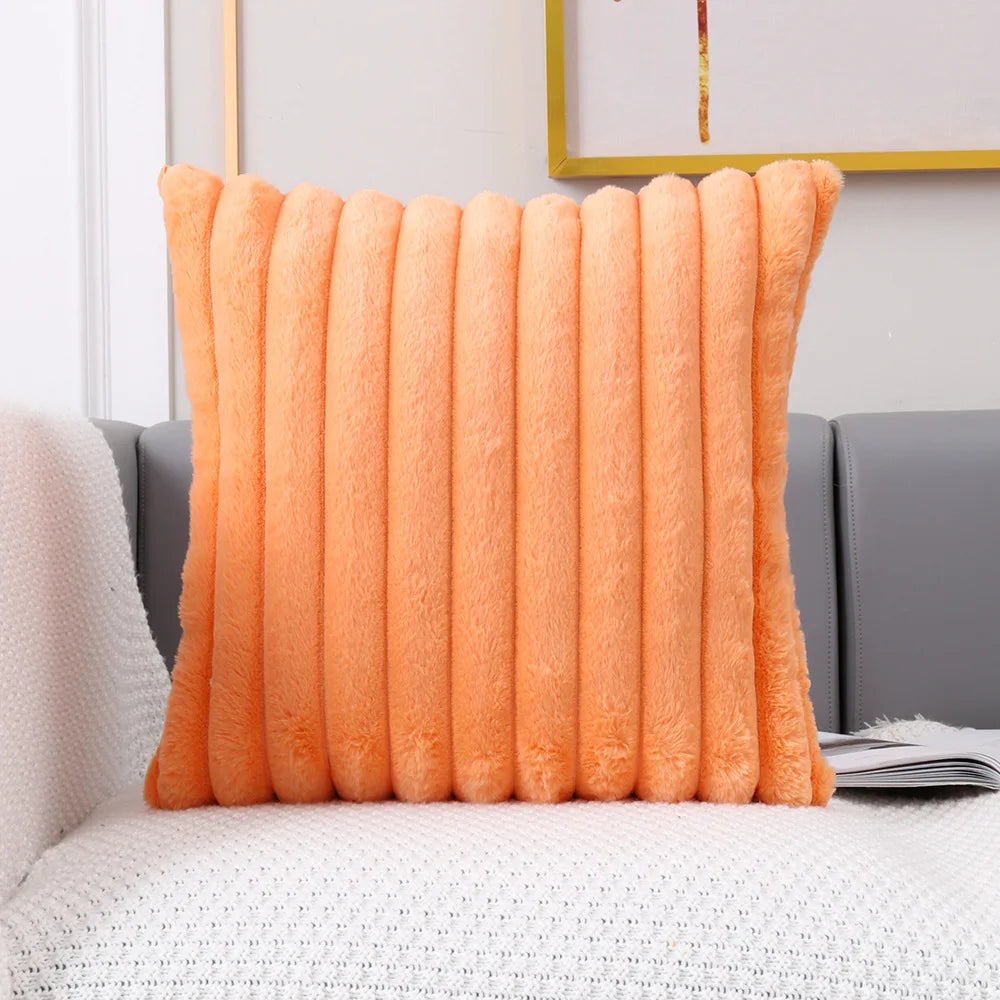 Faux Fur Flocking Stripe Pink Grey Orange Pillow Cushion Cover - Brasss Living