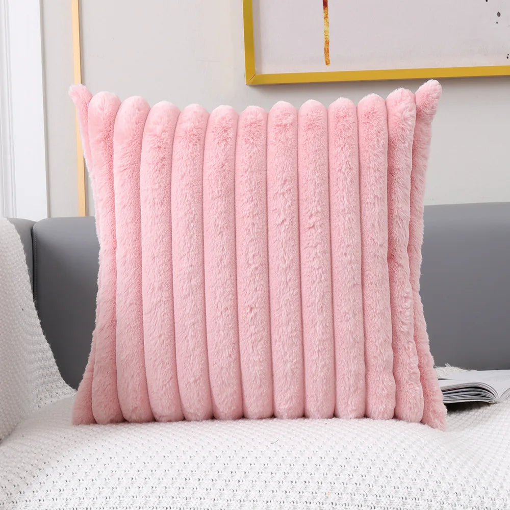 Faux Fur Flocking Stripe Pink Grey Orange Pillow Cushion Cover - Brasss Living