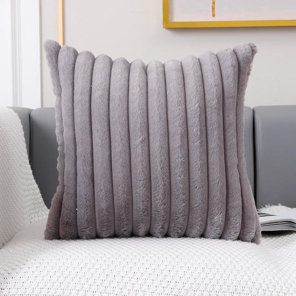 Faux Fur Flocking Stripe Pink Grey Orange Pillow Cushion Cover - Brasss Living