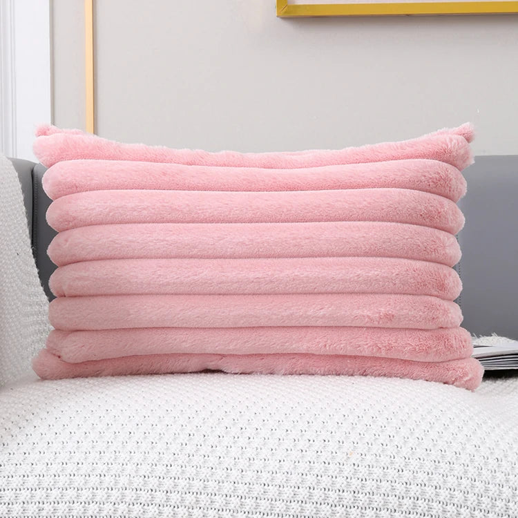 Faux Fur Flocking Stripe Pink Grey Orange Pillow Cushion Cover - Brasss Living