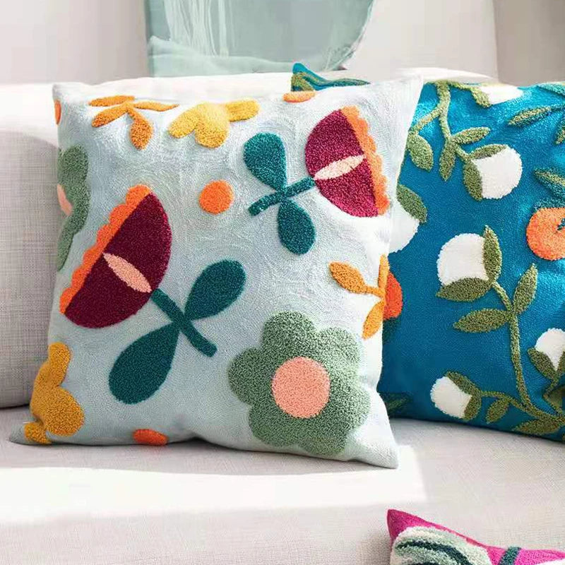 Floral Embroidery Color Block Pillow Cushion Cover - Brasss Living