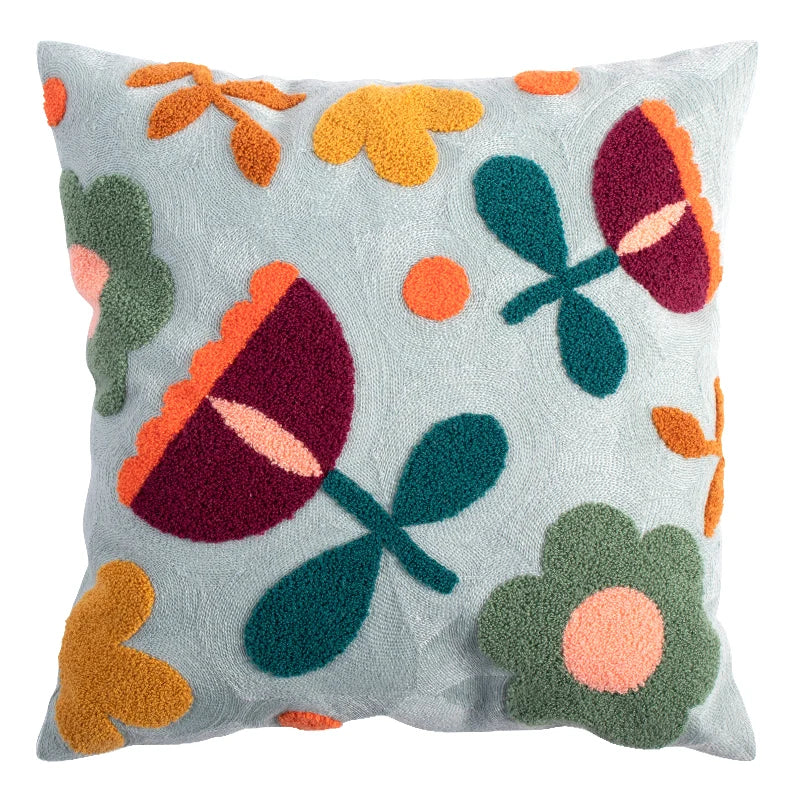 Floral Embroidery Color Block Pillow Cushion Cover - Brasss Living