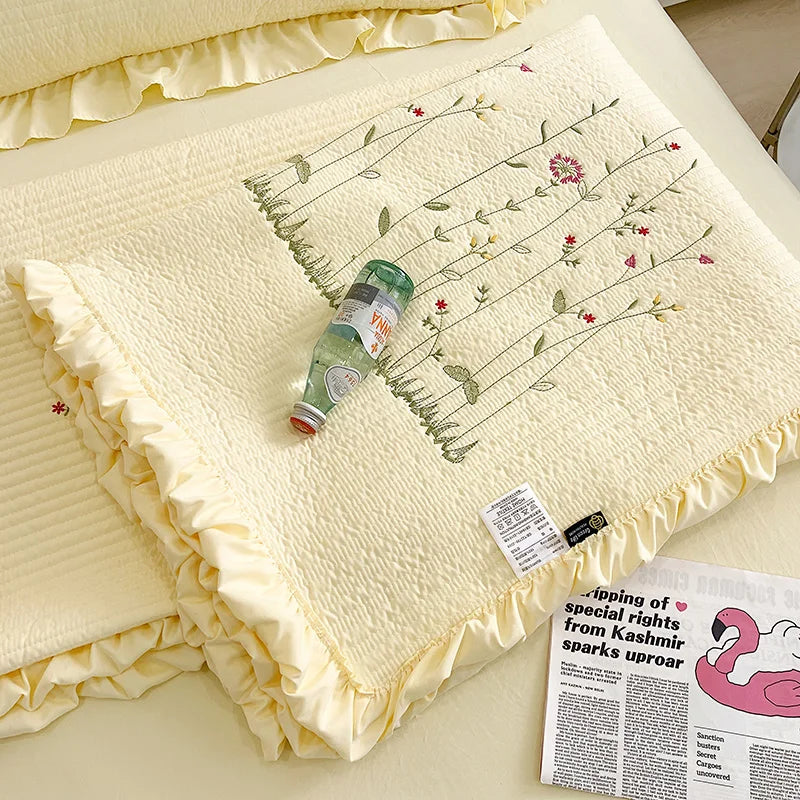 Fresh Flower Embroidered Summer Blanket Ruffled Quilted Comforter - Brasss Living