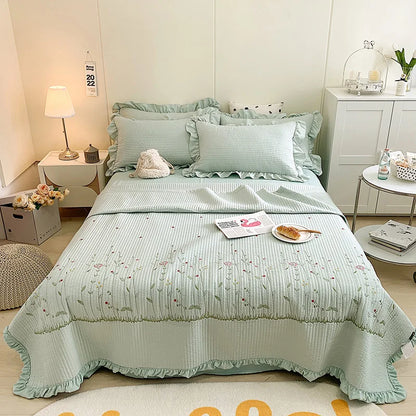 Fresh Flower Embroidered Summer Blanket Ruffled Quilted Comforter - Brasss Living