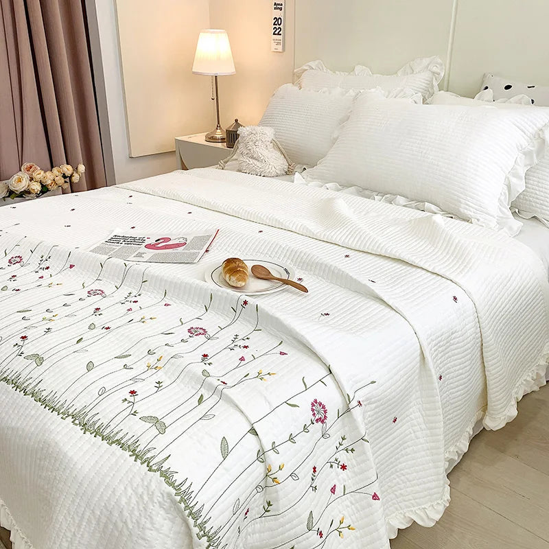 Fresh Flower Embroidered Summer Blanket Ruffled Quilted Comforter - Brasss Living