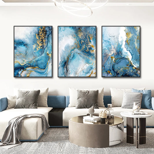 Gold Foil Blue Marble Texture Luxury Poster Teal Watercolor Art - Brasss Living