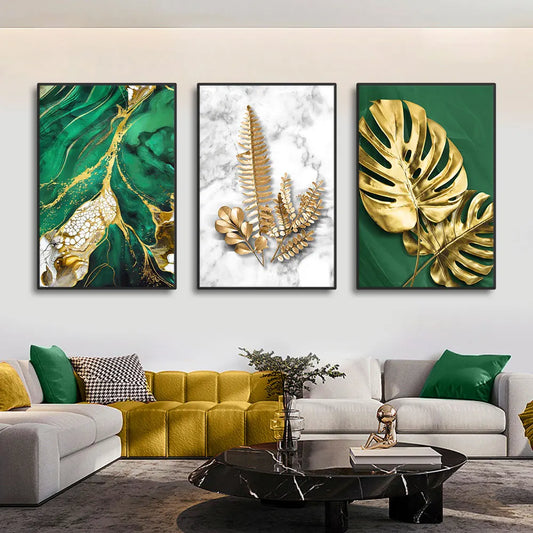 Golden Leaves Monstera Green Marble Texture Canvas Wall Art Prints - Brasss Living