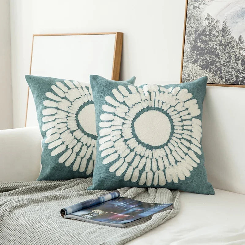 Grey Blue White Geometric Floral Embroidered Pillow Cushion Cover - Brasss Living