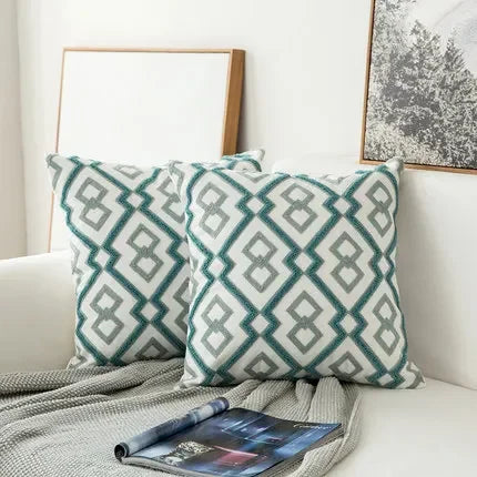 Grey Blue White Geometric Floral Embroidered Pillow Cushion Cover - Brasss Living