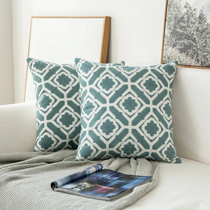 Grey Blue White Geometric Floral Embroidered Pillow Cushion Cover - Brasss Living