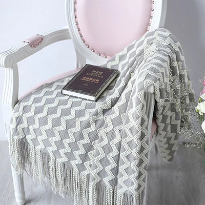 Grey Yellow Black Zigzag Knitted Throw with Tassels Blanket - Brasss Living