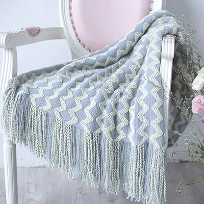 Grey Yellow Black Zigzag Knitted Throw with Tassels Blanket - Brasss Living