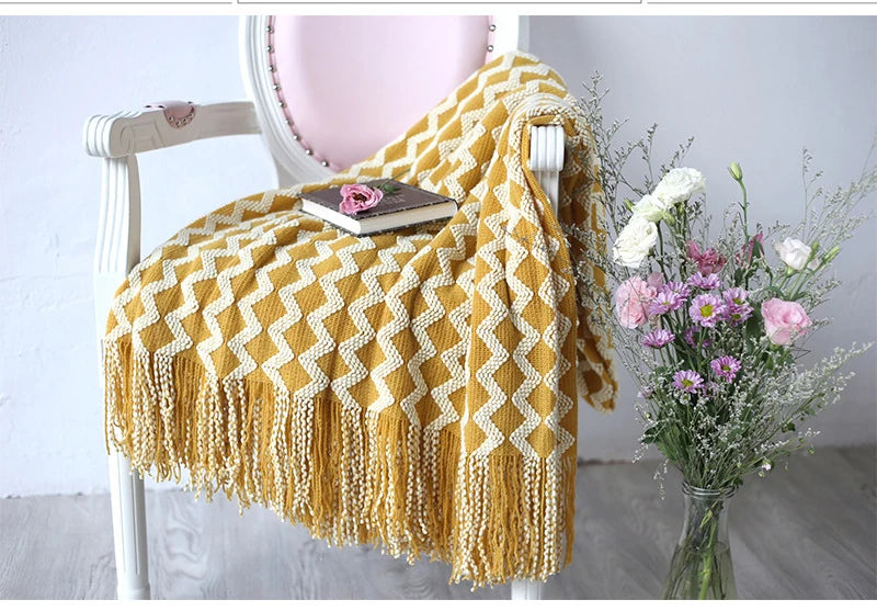 Grey Yellow Black Zigzag Knitted Throw with Tassels Blanket - Brasss Living