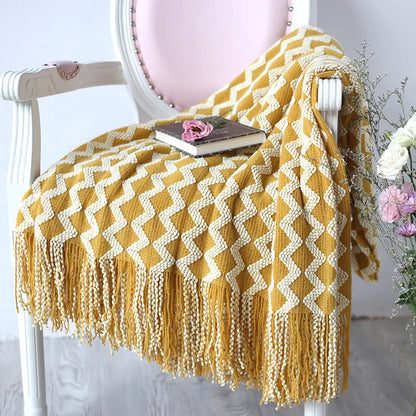 Grey Yellow Black Zigzag Knitted Throw with Tassels Blanket - Brasss Living