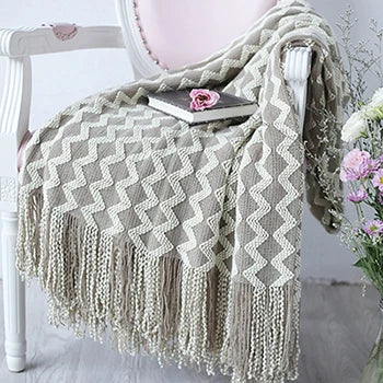 Grey Yellow Black Zigzag Knitted Throw with Tassels Blanket - Brasss Living