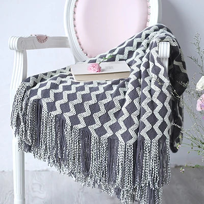 Grey Yellow Black Zigzag Knitted Throw with Tassels Blanket - Brasss Living