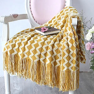 Grey Yellow Black Zigzag Knitted Throw with Tassels Blanket - Brasss Living