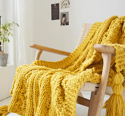 Handmade Blanket Knit Throw Tassels Fringe Yellow Pink - Brasss Living