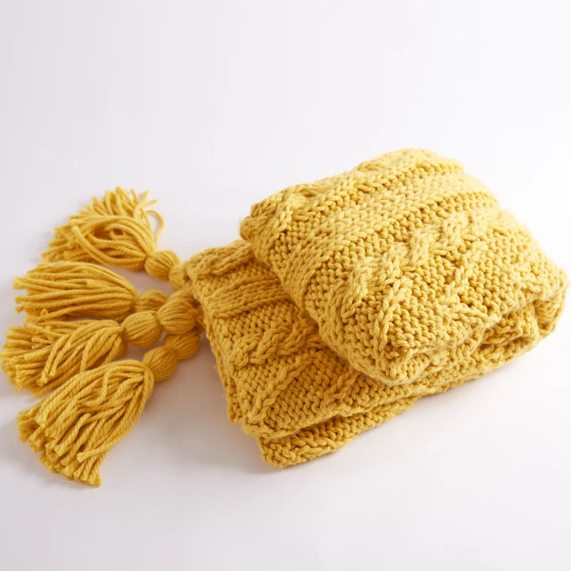 Handmade Blanket Knit Throw Tassels Fringe Yellow Pink - Brasss Living