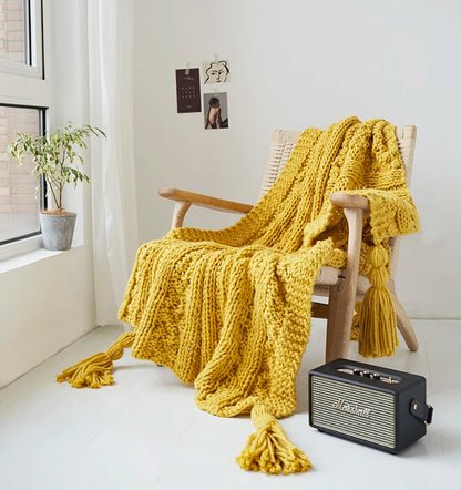 Handmade Blanket Knit Throw Tassels Fringe Yellow Pink - Brasss Living