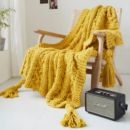 Handmade Blanket Knit Throw Tassels Fringe Yellow Pink - Brasss Living