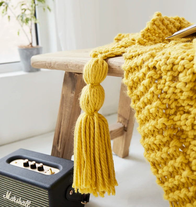 Handmade Blanket Knit Throw Tassels Fringe Yellow Pink - Brasss Living