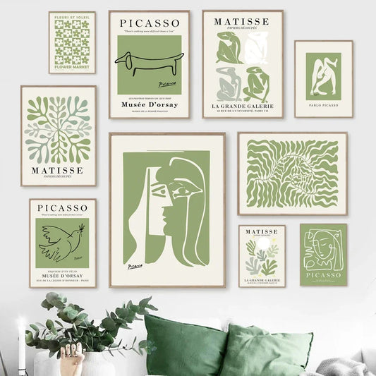 Henri Matisse Picasso Abstract Green Floral Canvas Wall Art Prints - Brasss Living