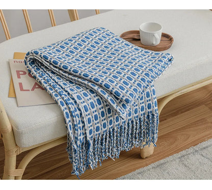 Knitted Throw Travel Blanket Tassels Yellow Blue Grey - Brasss Living