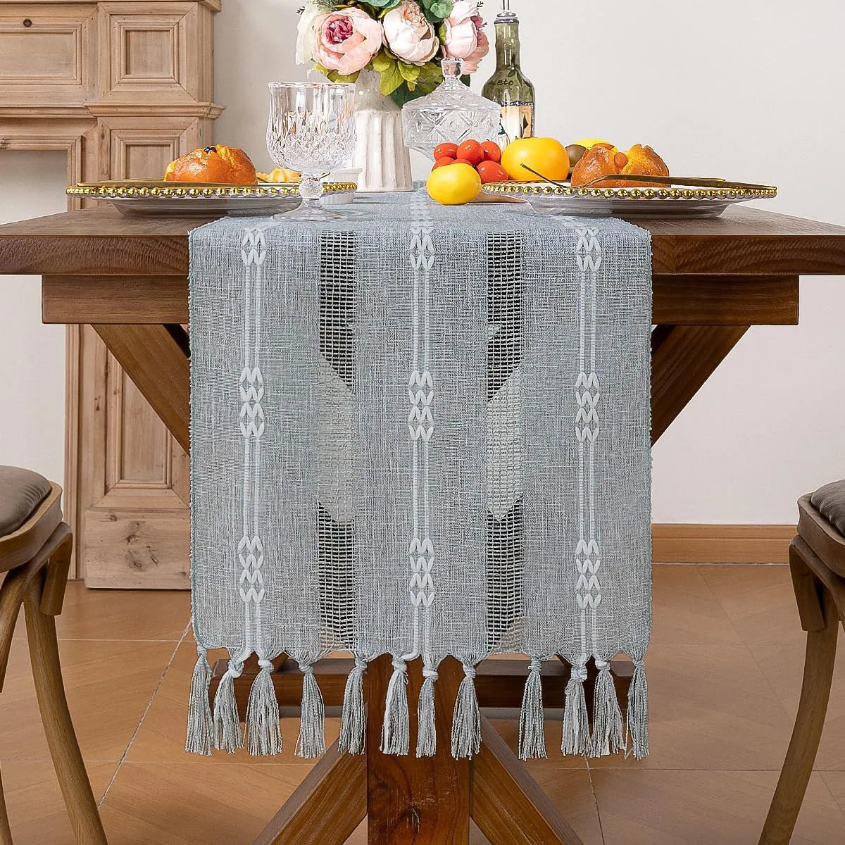 Linen Table Runner with Tassel Rustic Bed Runner - Brasss Living