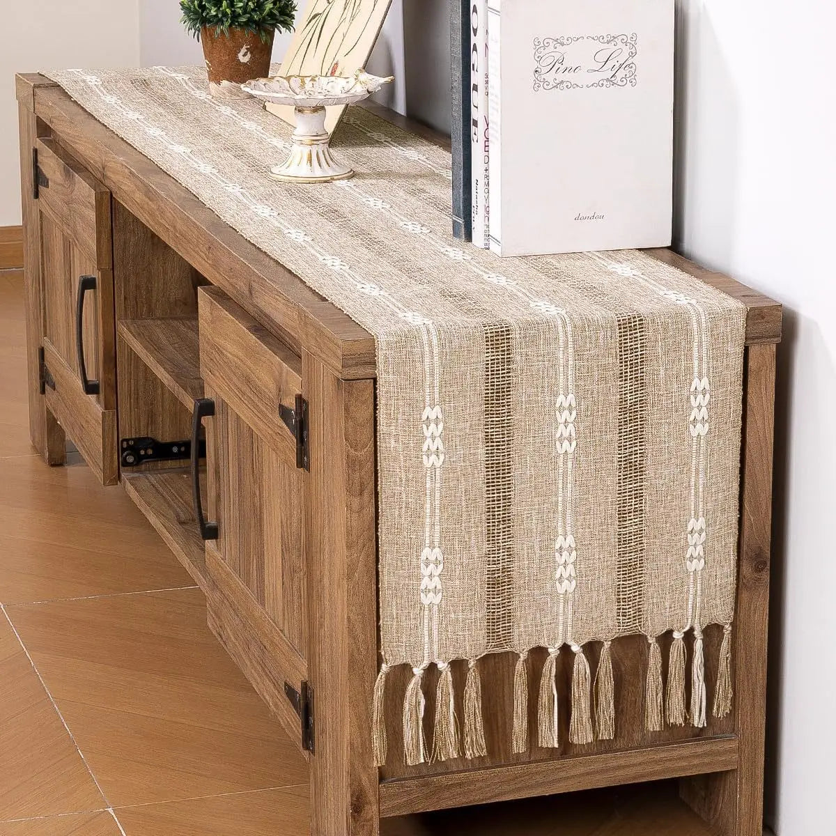 Linen Table Runner with Tassel Rustic Bed Runner - Brasss Living