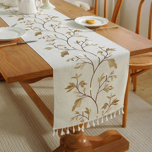 Luxury Cotton Linen Table Runner Embroidery Fringe Mat - Brasss Living