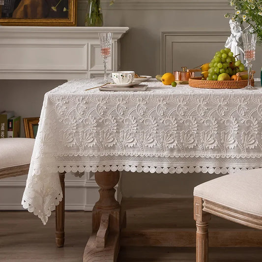 Luxury Lace Tablecloth American White Embroider Cover - Brasss Living