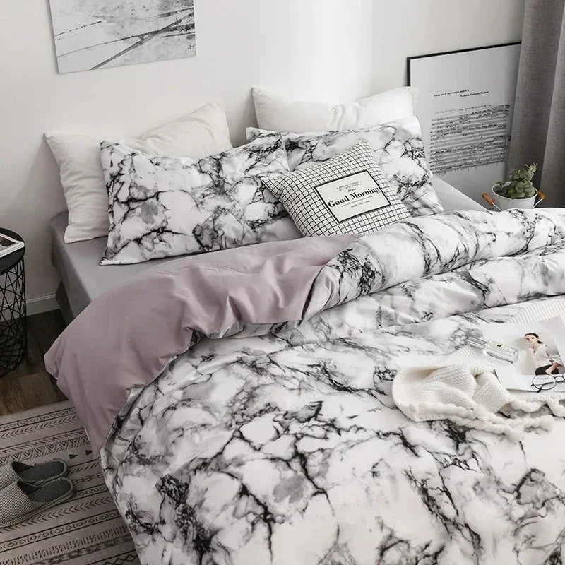 Marble Print Queen Bedding Set Brushed Duvet Cover Soft - Brasss Living