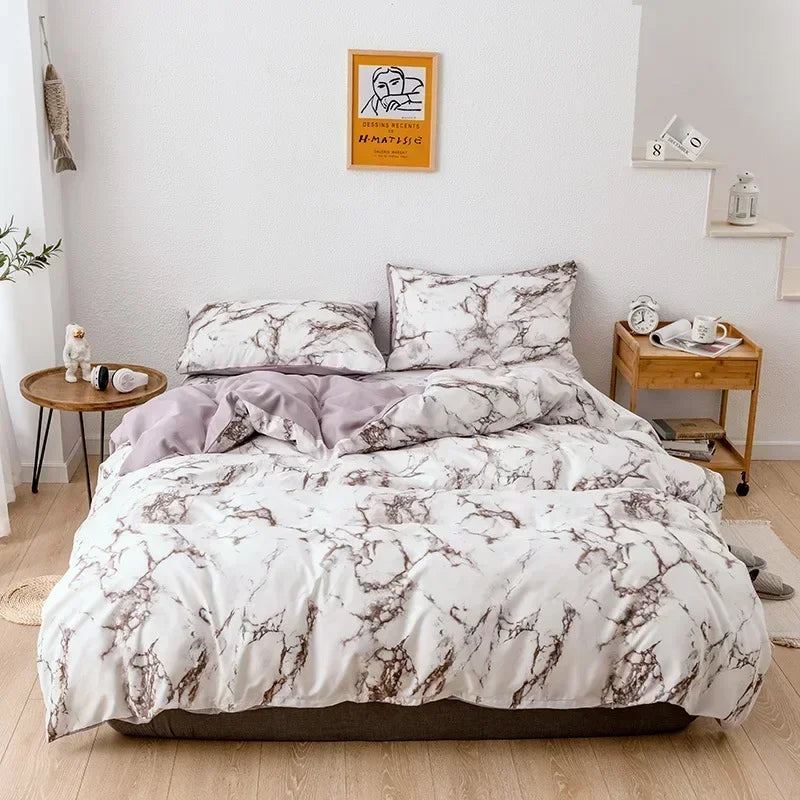 Marble Print Queen Bedding Set Brushed Duvet Cover Soft - Brasss Living