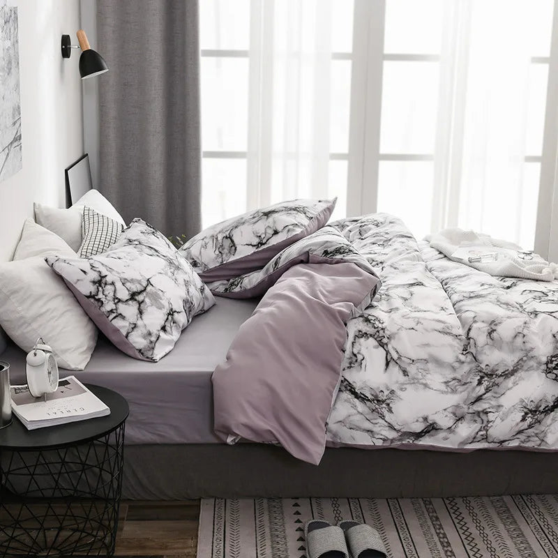 Marble Print Queen Bedding Set Brushed Duvet Cover Soft - Brasss Living