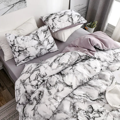 Marble Print Queen Bedding Set Brushed Duvet Cover Soft - Brasss Living