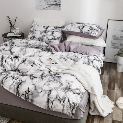 Marble Print Queen Bedding Set Brushed Duvet Cover Soft - Brasss Living