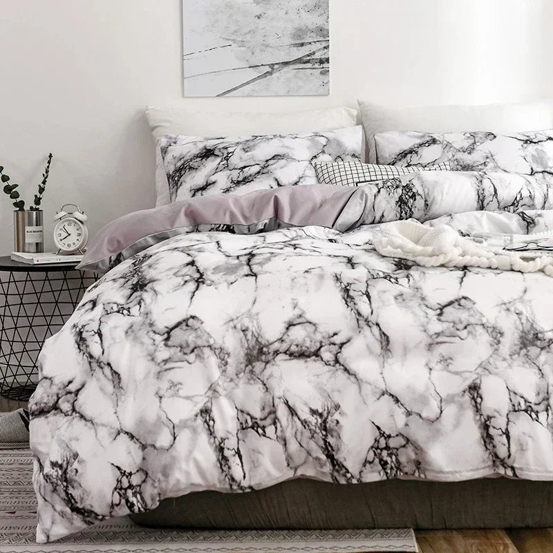 Marble Print Queen Bedding Set Brushed Duvet Cover Soft - Brasss Living