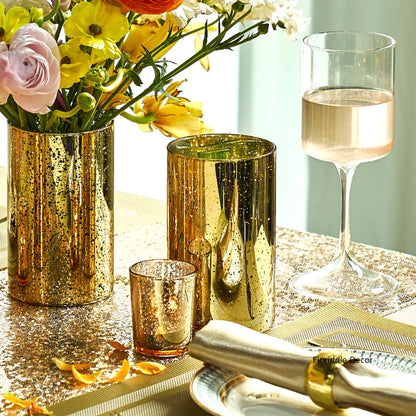 Mercury Glass Gold Cylinder Vases Centerpieces Candle Holders - Brasss Living