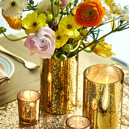 Mercury Glass Gold Cylinder Vases Centerpieces Candle Holders - Brasss Living