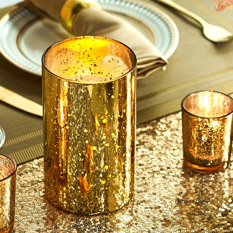 Mercury Glass Gold Cylinder Vases Centerpieces Candle Holders - Brasss Living