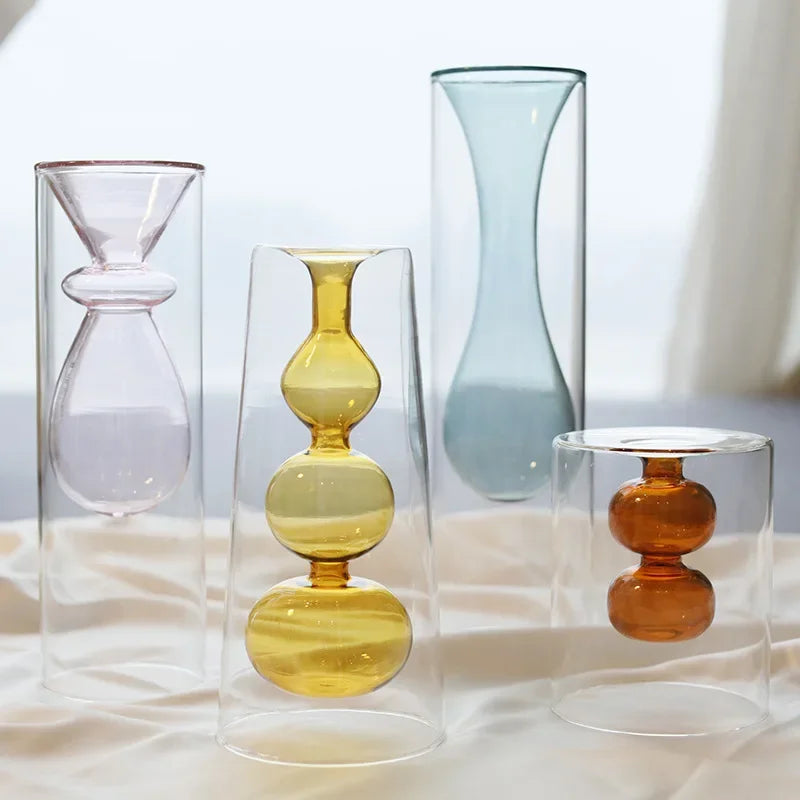 Modern Simple Color Glass Double Transparent Art Vase - Brasss Living