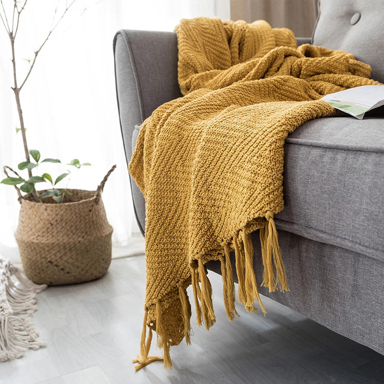 Mustard Yellow Knit Throw with Tassels Fringe Blanket - Brasss Living