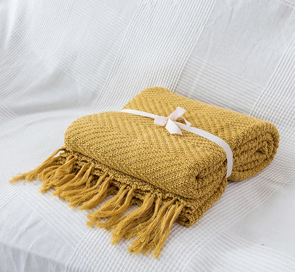 Mustard Yellow Knit Throw with Tassels Fringe Blanket - Brasss Living