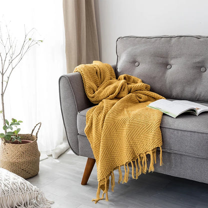 Mustard Yellow Knit Throw with Tassels Fringe Blanket - Brasss Living