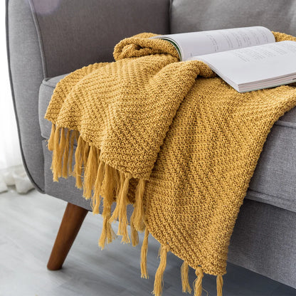 Mustard Yellow Knit Throw with Tassels Fringe Blanket - Brasss Living