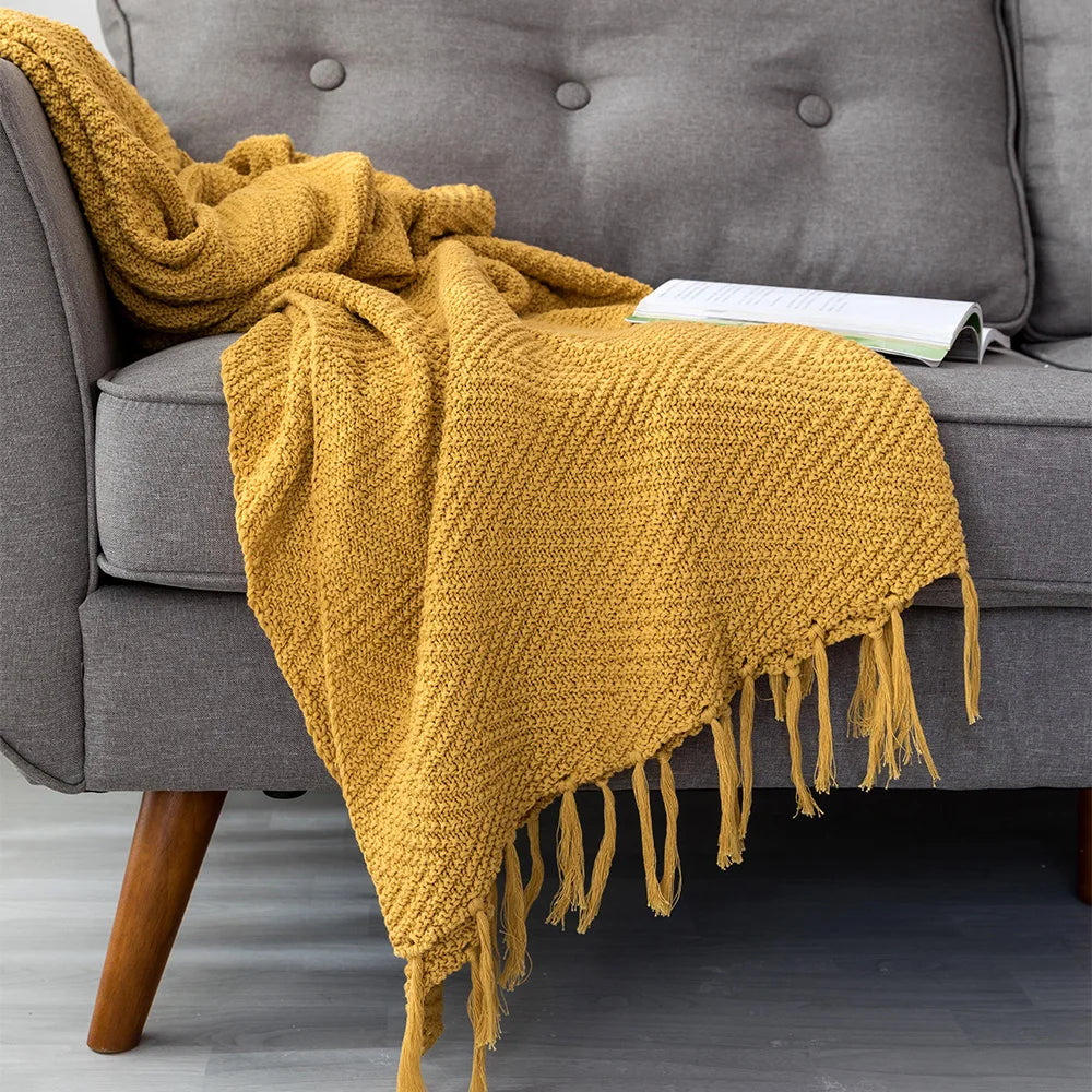 Mustard Yellow Knit Throw with Tassels Fringe Blanket - Brasss Living